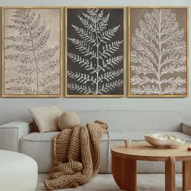 Imagem de KUVIOKE Arte de parede emoldurada botânica vintage boêmia planta bronzeada folha decoração de parede natureza samambaia silhueta pintura de parede decoração de casa 61 x 91 cm (moldura natural)