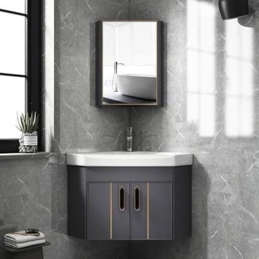 Imagem de Pia De Banheiro De Montagem Em Parede Pequena, Armário De Pia De Banheiro Flutuante De Montagem Em Parede Pequena, Mini Pia De Banheiro De Canto De Banheiro Moderno, Para Ban, Grey, Set2-56cm