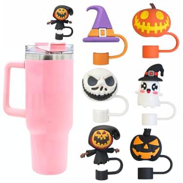 Imagem de 6 peças de cobertura de palha de silicone de Halloween para copo Stanley, tampa de palha reutilizável à prova de poeira de 10 mm para copo de 30/1,134 g com alça, presente festivo de Halloween para