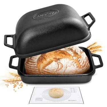 Imagem de Davivy Forno holandês grande de 9 litros para pão de fermento com tapete de silicone, forma de pão de fermento de ferro fundido antiaderente pré-temperada, assadeira de fermento de ferro fundido de
