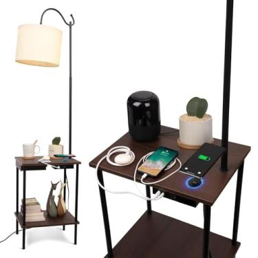 Imagem de JCPYIUL Candeeiro de chão com mesa de canto rústico industrial, luminária de chão industrial com porta de carregamento sem fio USB e tomada de carregamento, prateleiras de cabeceira, luminária de pé