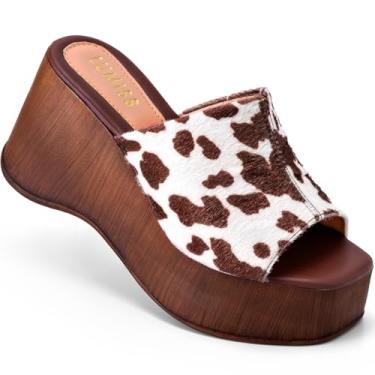 Imagem de Tamanco Feminino Lumiss Anabela Plataforma Madeira Estampa Animal Print Vaca marrom40