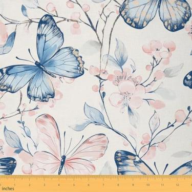 Imagem de Tecido Dreamy Butterflies da The Yard, tecido de estofamento de flores rosa desabrochando, pano decorativo botânico de primavera para estofamento de sofá, suprimentos de costura e artesanato para