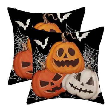 Imagem de Capas de travesseiro de Halloween 50 x 50 cm, laranja queimado, amarelo, cinza, abóbora, decoração para sofá, cama, preto, creme, teia de aranha, morcego, capa de almofada decorativa de linho