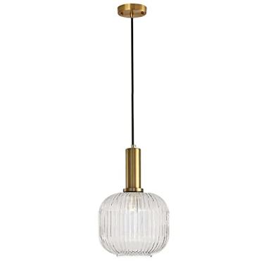 Imagem de H XD GLOBAL Luminária pendente de vidro transparente de 19 cm, soquete de luz pendente de cobre dourado com abajur pendente de vidro transparente, lâmpada suspensa LED para ilha de cozinha (M)
