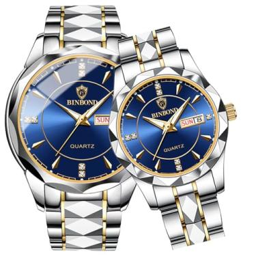 Imagem de dayutech 2 peças de relógios para casais para namorados masculino e feminino, calendário luminoso, impermeável, dourado, prata, aço inoxidável, rosto azul, conjunto para ele e para ela, conjunto para