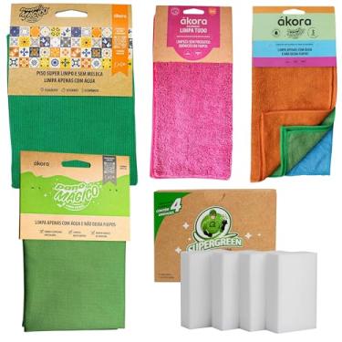 Imagem de Kit 10pcs: Panos Mágico Para Limpeza Geral Chão Piso Vidros + Esponja Melamina Cozinha Ákora (Pano Limpa Tudo Rosa)