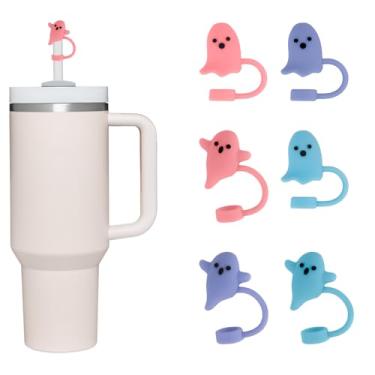 Imagem de 8 peças de topo de palha de Halloween fantasma fofo para copo Stanley, tampas de cobertura de palha de silicone reutilizáveis à prova de poeira, serve para copos de 850 g e 1,134 g, acessórios para