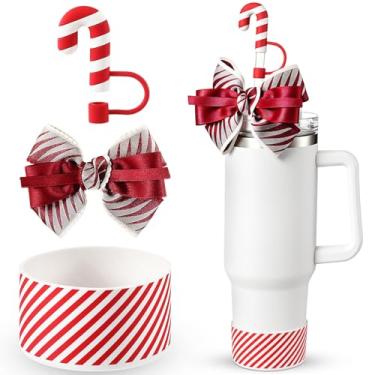 Imagem de LemonRoad Bota de silicone de Natal compatível com acessórios Stanley Cup, decorações temáticas de bengala doce com tampa de palha de silicone para garrafa de água de 30/1,134 g, presente de Natal e