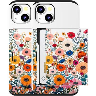 Imagem de MUQR Capa compatível com iPhone 15 Plus com porta-cartão fofo - Design Kawaii, proteção contra quedas de nível militar, capa carteira robusta para mulheres (flores brancas vibrantes)