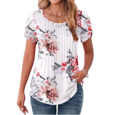 Imagem de Camiseta Zeagoo feminina com gola redonda e manga curta, blusa floral