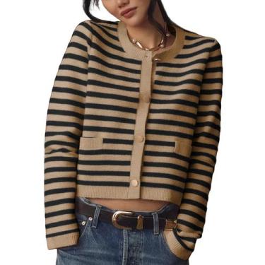 Imagem de Suéter cardigã de malha listrada Lentta para mulheres, cáqui, tamanho 
