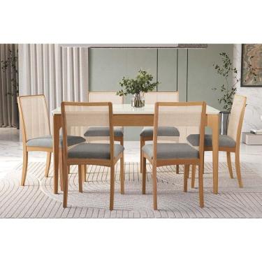 Imagem de Conjunto Sala de Jantar Mira Premium Madeira Maciça c/ Tampo Madeirado c/ Vidro 160x90cm e 6 Cadeiras Lara Carvalho/Off White - Boucle Bege Fendi-Kapp