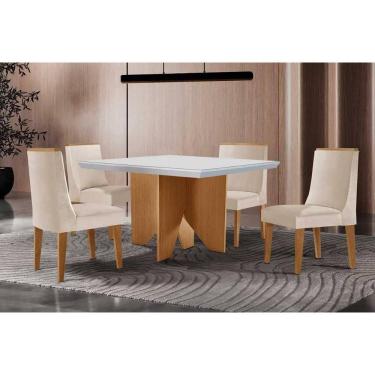 Imagem de Conjunto Sala de Jantar Nevada c/ Tampo Madeirado c/ Vidro Canto Curvo 90x90cm e 4 Cadeiras Dakota Madeira Maciça Naturale/Off White - Capuccino/Suede