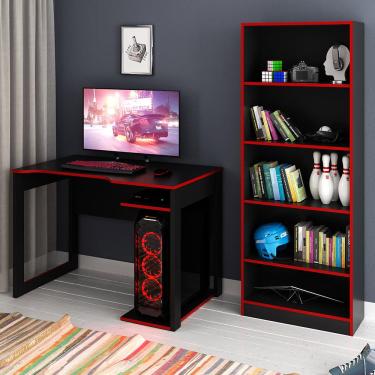 Imagem de Conjunto Mesa e Armário para Escritório Home Office Gamer Cool MDP Preto/Vermelho - Gran Belo