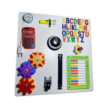 Imagem de Painel de Atividades Montessori Educativo, Quadro Sensorial com Engrenagens, Alfabeto Colorido, Calculadora e Ábaco, 45x35cm, para Crianças de 1-5 Anos