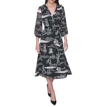 Imagem de Karl Lagerfeld Vestido maxi feminino estampado de chiffon enrugado cintura evasê, Combo preto/bétula, 46