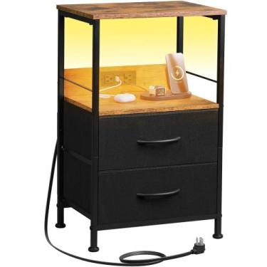 Imagem de Mesa de cabeceira WLIVE com estação de carregamento LED rústico marrom