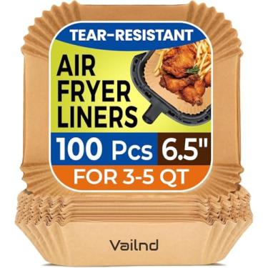 Imagem de Forros de papel Air Fryer descartáveis: 100 peças de papel pergaminho antiaderente para fritadeira a ar quadrada de 16,5 cm, assadeiras de grau alimentício para assar no micro-ondas