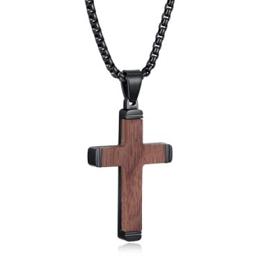 Imagem de REVEMCN Colar de cruz de madeira para homens e meninos – Pingente de crucifixo de madeira cristã de nogueira preta e aço inoxidável com corrente de rolo de 45,7 a 61 cm, joia inspiradora, presente de
