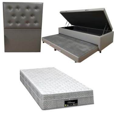 Imagem de Cama Box Baú Solteiro com Auxiliar (Bicama) + Colchão RivIera Molas Ensacadas 25cm | Kit Completo com Cabeceira Botonê Opcional | Diversas Cores (3, CORINO CINZA, COM CABECEIRA)