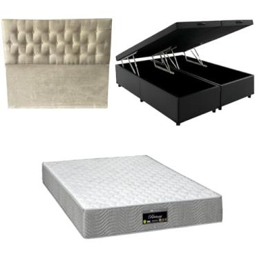 Imagem de Cama Box Baú Bipartida Blindada com Colchão RivIera Molas Ensacadas 25cm + Cabeceira Botonê (CORINO PRETO, Casal Bipartido)