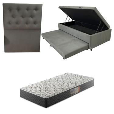Imagem de Cama Box Baú Solteiro com Auxiliar (Bicama) + Colchão de Espuma D33 20cm | Kit Completo com Cabeceira Botonê Opcional | Diversas Cores (3, SUEDE CINZA, COM CABECEIRA)