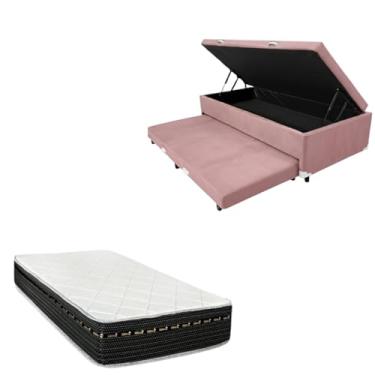 Imagem de Cama Box Baú Solteiro com Auxiliar (Bicama) + Colchão Eagle Molas Bonnel 22cm | Kit Completo com Cabeceira Botonê Opcional | Diversas Cores (2, SUEDE ROSA, SEM CABECEIRA)