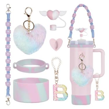 Imagem de Rabrgab Conjunto de 7 peças de acessórios para copo Stanley com alça, decoração de copo feminino para meninas para 1,134 g, 850 g, 590 g, incluindo topo de palha de coração, pingentes de coração, bota