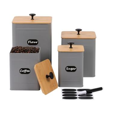 Imagem de PERFNIQUE vasilhas de cozinha, conjuntos de vasilhas para balcão de cozinha, vasilhas de cozinha de fazenda para conjunto de bancada de 4, café, chá, açúcar, farinha, temperos, potes de lata