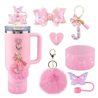 Imagem de Conjunto de 6 peças de acessórios de copo Stanley rosa - tampa de cobertura de palha de borboleta, laço brilhante para canudo, bota de silicone brilhante, pingente de letra e pompom para copos satnley