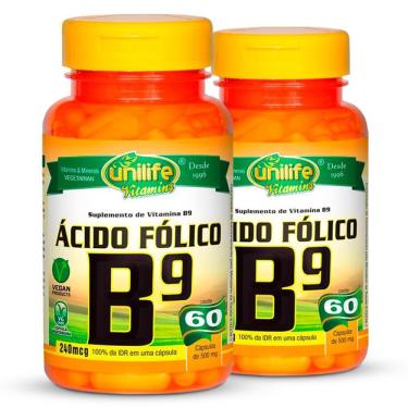 Imagem de Kit 2 Vitamina B9 ácido Fólico 60 Cápsulas Unilife