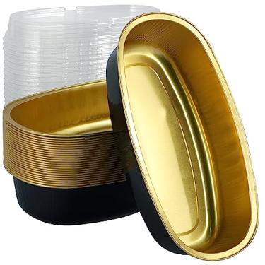 Imagem de KHZSPP 25 peças de copos de alumínio com tampas, formas ovais de bolo, forros de cupcake resistentes ao calor, formas de bolo de queijo para bolos, pudim de cheesecake