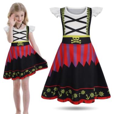 Imagem de Vestido de pirata para meninas, vestido bucaneiro, manga esvoaçante, saia, roupa de festa de aniversário, Preto, 3-4 Anos