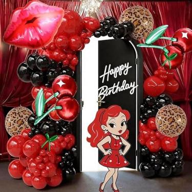 Imagem de Kit de arco de balão de chita com balões de cereja com estampa de leopardo vermelho preto para decorações de aniversário de guepardo, balões com estampa de guepardo, decoração de festa de leopardo