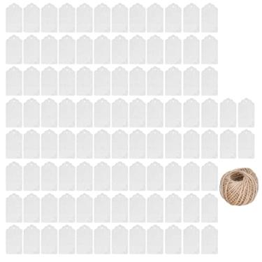 Imagem de 100 peças etiquetas de roupas dupla face papel kraft diy artesanato etiqueta de presente com 30m fio de juta para casamento natal ação de graças (Branca)