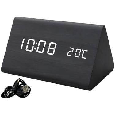 Imagem de Relógio LED com visor digital de temperatura, design triangular controlado por voz, USB disponível ou bateria, alarme de vários modos, escritório e quarto, casa, ótimo para