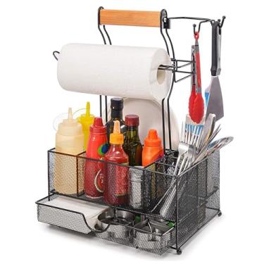 Imagem de Aelnok Organizador para churrasqueira com suporte de toalha de papel, organizador de utensílios e condimentos, suporte grande de metal para churrasqueira ao ar livre, acampamento, trailer, tailgating