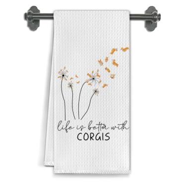 Imagem de Elefeltclave Toalhas de cozinha engraçadas de dente-de-leão Corgi, presentes para amantes de Corgi, mulheres, homens, toalhas de chá para decoração de cozinha, presentes de mãe para amantes de cães