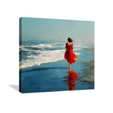 Imagem de CANLUNTE Arte impressionista em tela de paisagem marítima | Pintura de senhora de vermelho na praia | Decoração de parede costeira moderna para escritório em casa | Impressão giclée de cena do oceano