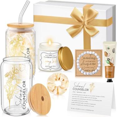 Imagem de Teenyyou Caixa de presente de agradecimento de conselheiro escolar de Natal, 10 peças, com copo de vidro, pulseira de vela, creme para as mãos, elásticos de cabelo para a semana internacional de