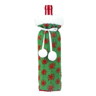 Imagem de Shakven Decoração de garrafa de vinho de Natal, capas de garrafa de Natal - Capa decorativa para garrafa de vinho em malha com floco de neve - Roupas de garrafa de vinho de Natal com gola branca, peça