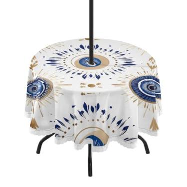 Imagem de ATTX Toalha de mesa redonda com olho turco ao ar livre – 152 cm, à prova d'água, à prova de derramamento, uso interno/externo, com orifício para guarda-chuva com zíper para acampamento, piquenique