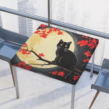 Imagem de hongjinglin Toalha de mesa quadrada para uso ao ar livre com borda elástica, toalha de mesa quadrada limpável, lua, outono, gato, para ambientes externos, ambientes internos, pátio, jantar, cozinha