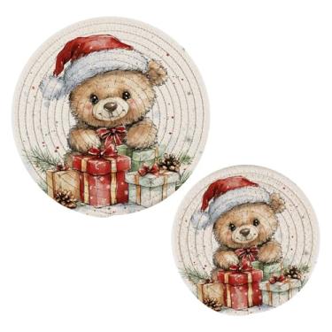 Imagem de Wassud Conjunto de tripé de chapéu de Natal de urso fofo para pratos quentes, suportes redondos de algodão, almofadas quentes, porta-copos elegantes, decoração de cozinha e acessórios, 2 peças