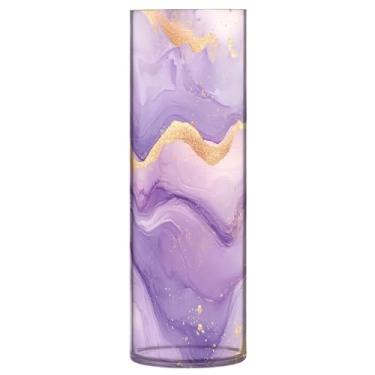 Imagem de CEBUGI Vaso de flores com fundo de mármore lavanda 10 x 30 cm, vaso cilíndrico para flores, vaso transparente inquebrável para decoração de casa de festa de casamento
