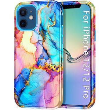 Imagem de Btscase Capa para iPhone 12/iPhone 12 Pro, capa resistente de três camadas de mármore à prova de choque de corpo inteiro resistente PC rígido + TPU macio proteção contra quedas mulheres meninas capa
