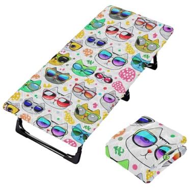 Imagem de Burbuja Lençol de berço de desenho animado com rostos de gato usando óculos de sol para crianças, lençol de cochilo acolchoado portátil com faixa elástica para meninas e meninos, lavável na máquina