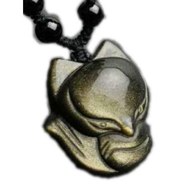 Imagem de Colar de contas com pingente de raposa de cristal de obsidiana dourada com corrente de contas para mulheres ou homens, obsidiana, Obsidiana