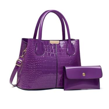 Imagem de NICOLE & DORIS Bolsa feminina de couro envernizado com 2 peças, bolsa de mão de crocodilo e bolsa de ombro, Roxa, Large